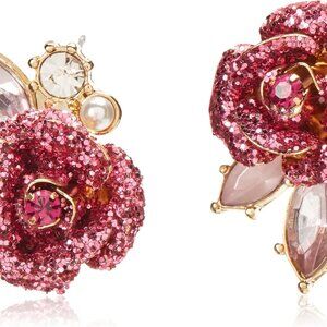 Mismatch Stud Earrings Gold-tone Metal Pink Glitter Roses Pearl Embellished